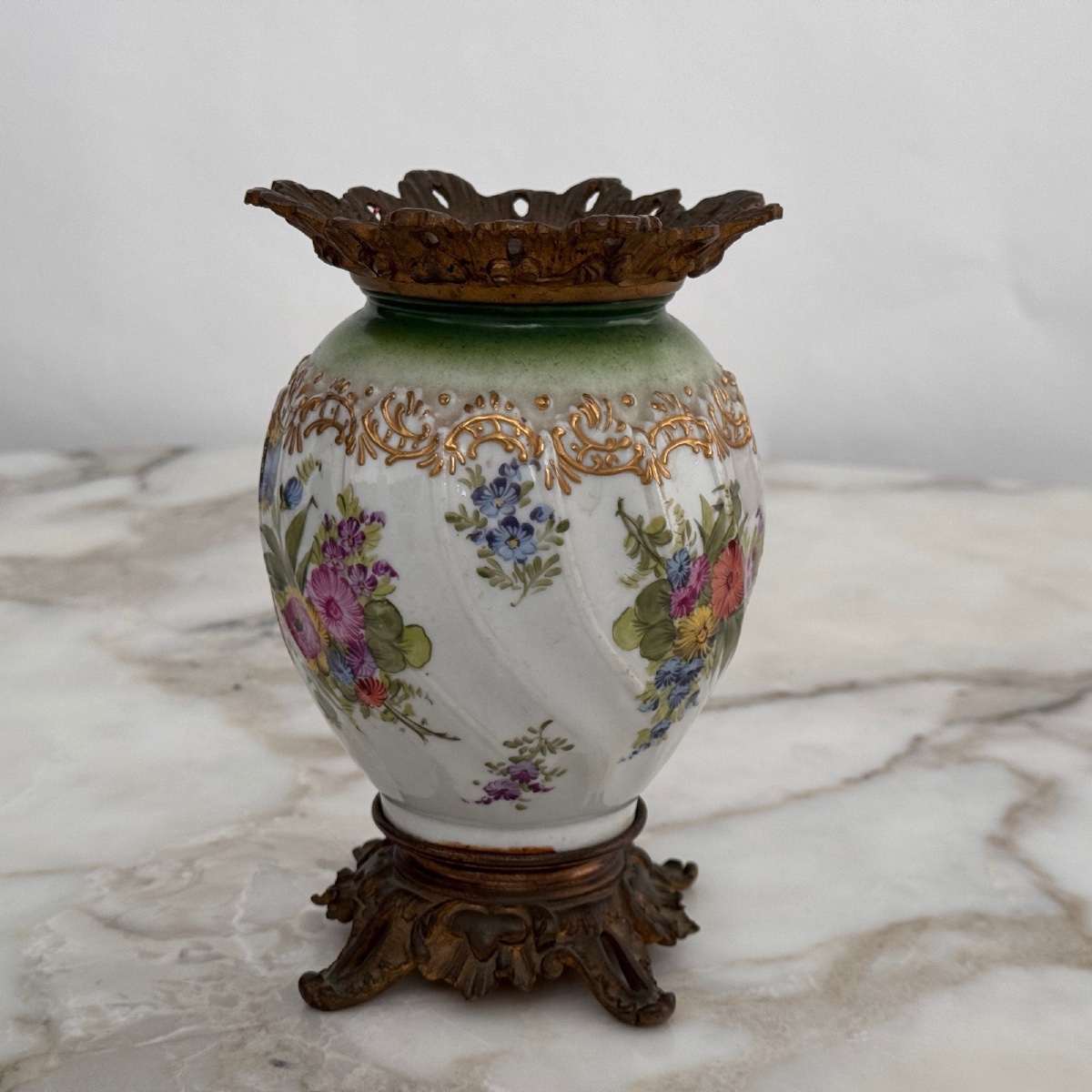 Small Bronze And Porcelain Vase, Napoleon III, 19th Century, Floral Decoration-photo-3