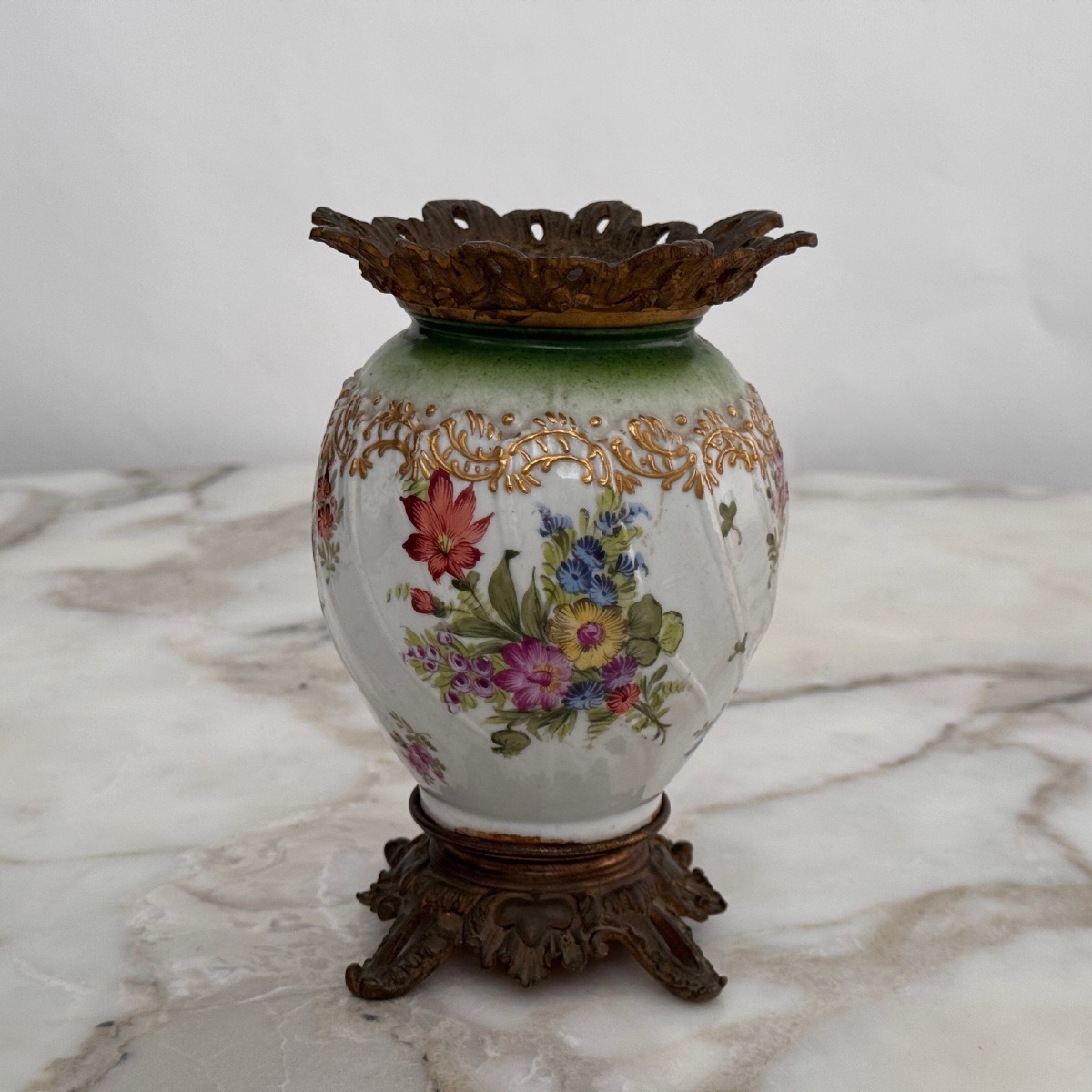 Small Bronze And Porcelain Vase, Napoleon III, 19th Century, Floral Decoration-photo-4