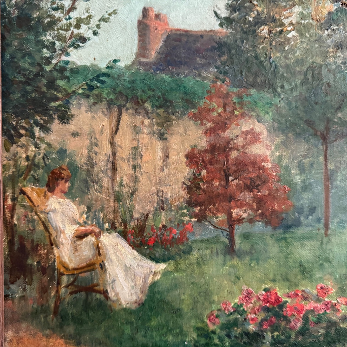 Oil On Canvas Park Scene With A Woman Sitting In An Armchair-photo-3