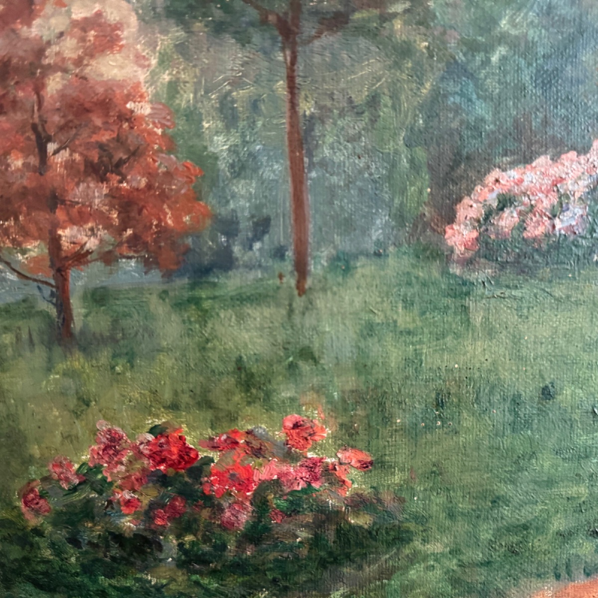 Oil On Canvas Park Scene With A Woman Sitting In An Armchair-photo-1