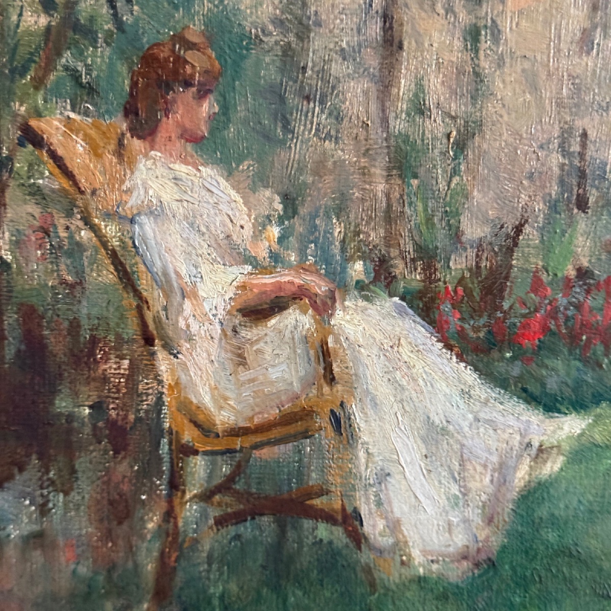 Oil On Canvas Park Scene With A Woman Sitting In An Armchair-photo-2