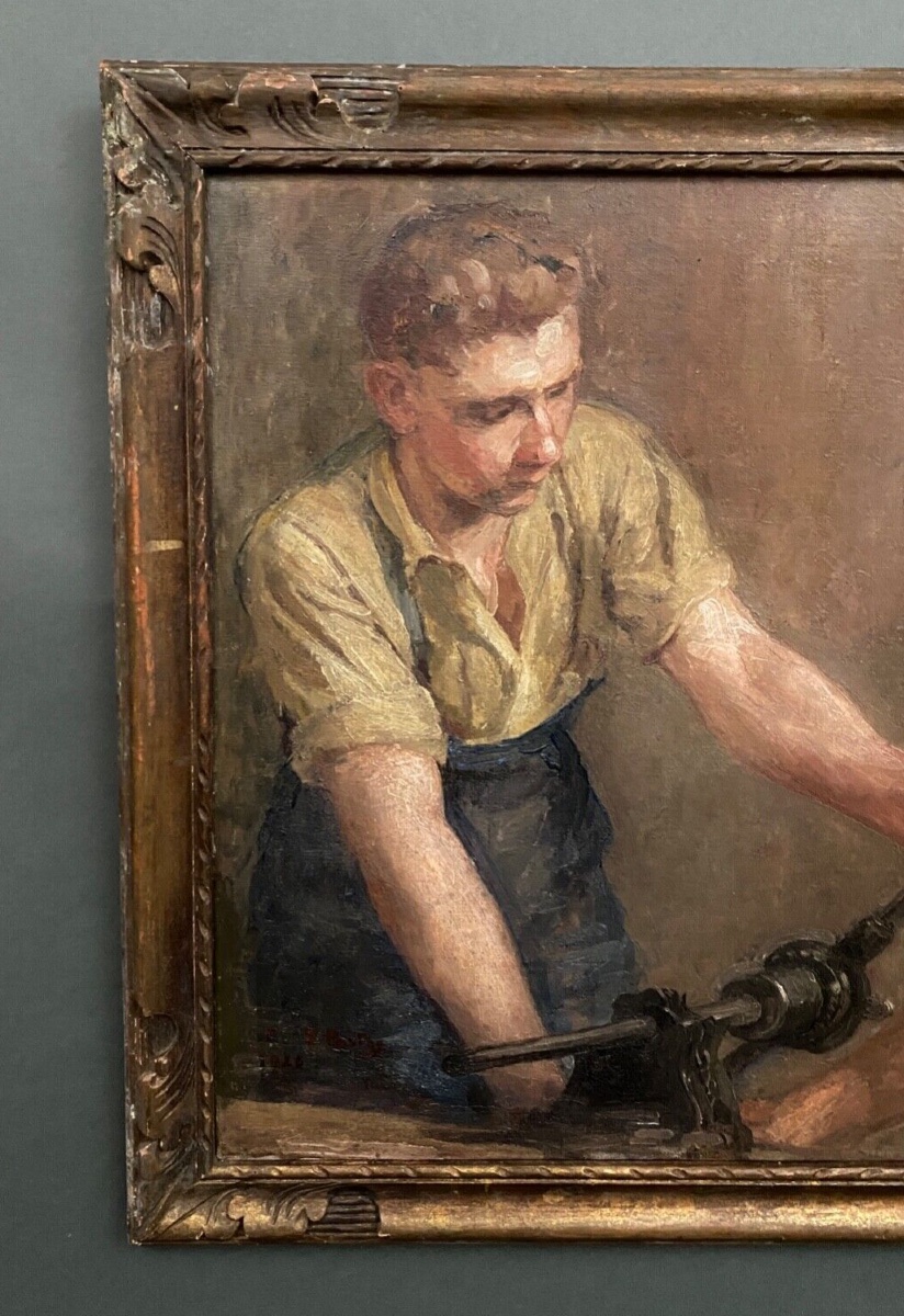 Oil On Canvas Two Workers At Work 1930 By F. Saint Pasty-photo-3