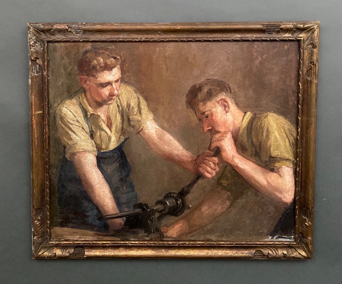 Oil On Canvas Two Workers At Work 1930 By F. Saint Pasty