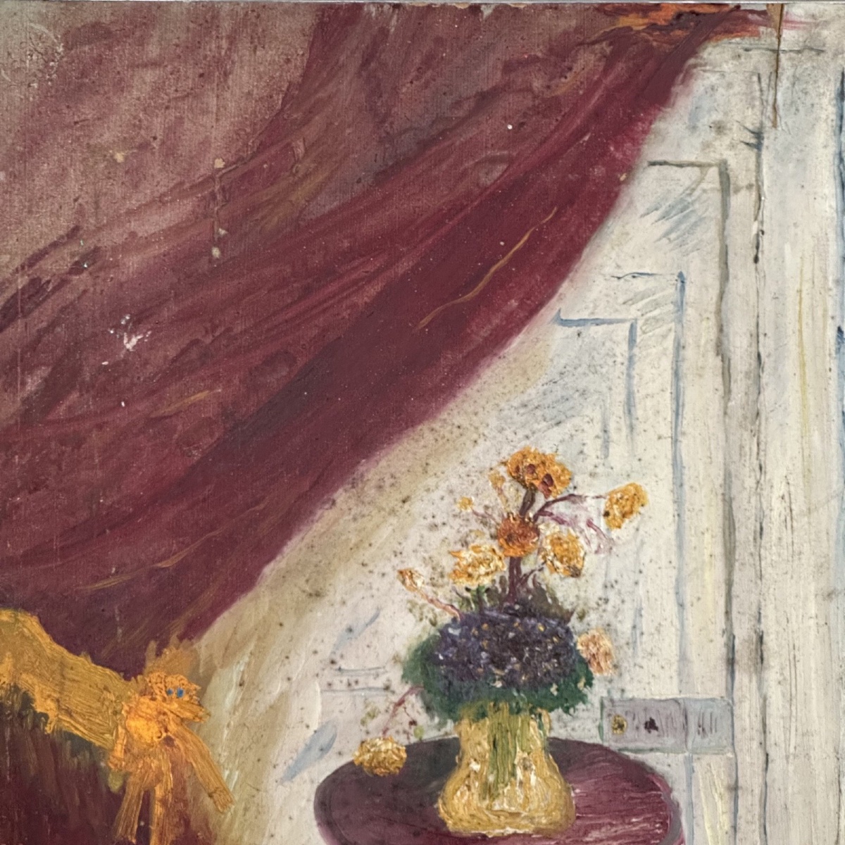 Huile sur carton nature morte au rideau et aux fleurs XXe -photo-2