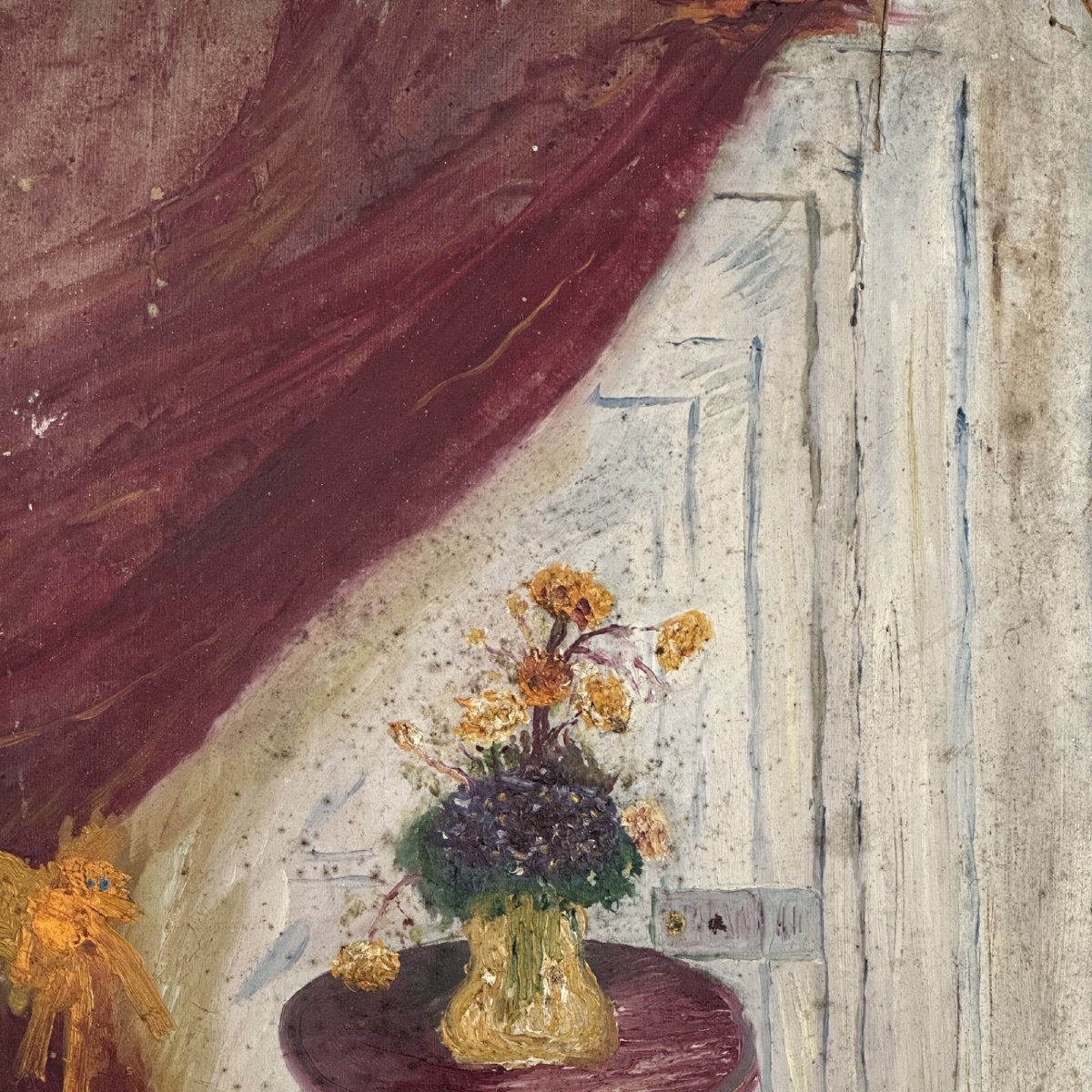 Huile sur carton nature morte au rideau et aux fleurs XXe -photo-3
