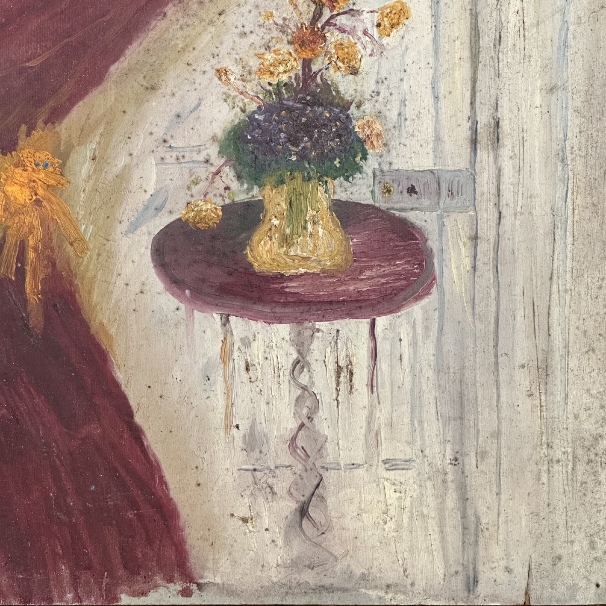 Huile sur carton nature morte au rideau et aux fleurs XXe -photo-4