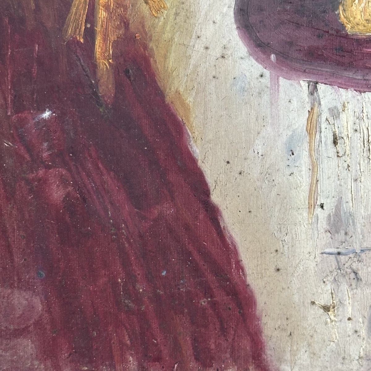Huile sur carton nature morte au rideau et aux fleurs XXe -photo-1