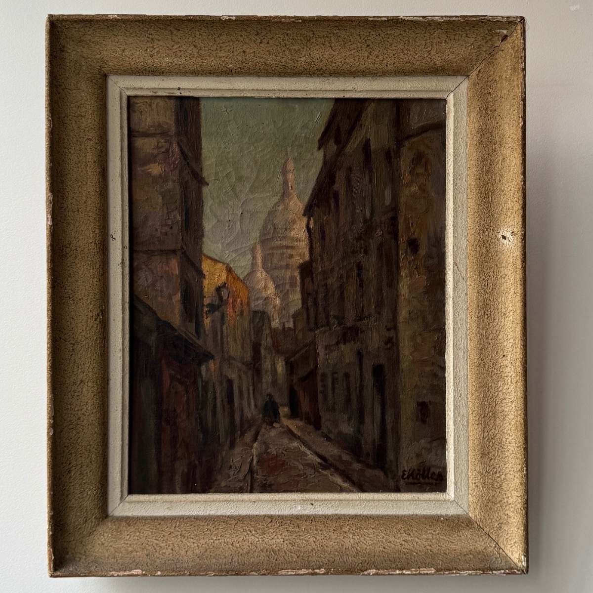 Huile sur toile représentant une rue de Montmartre par E. Koller XXe -photo-2