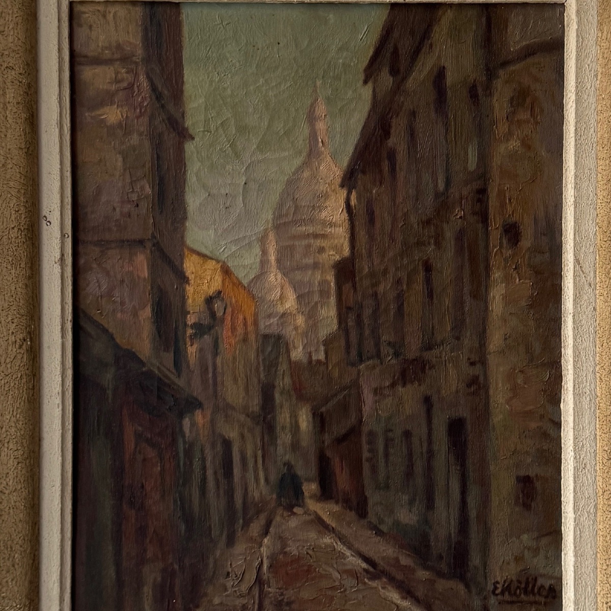 Huile sur toile représentant une rue de Montmartre par E. Koller XXe -photo-3
