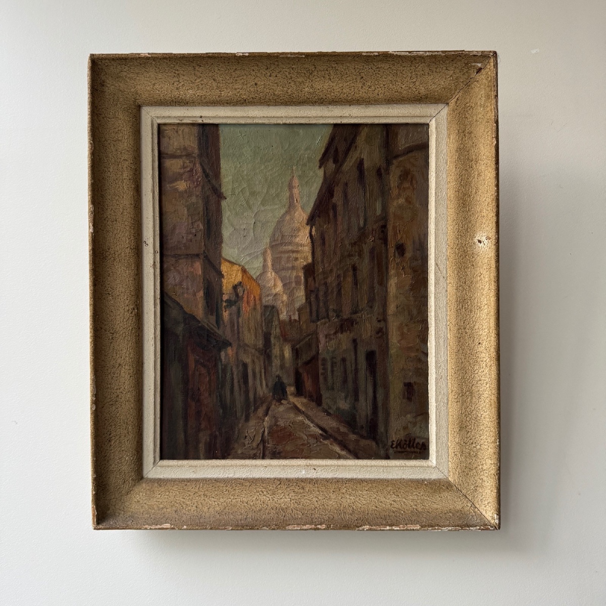 Huile sur toile représentant une rue de Montmartre par E. Koller XXe 