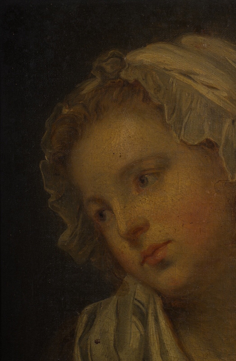 Huile sur toile portrait de jeune fille à la coiffe XIXe cadre doré -photo-3