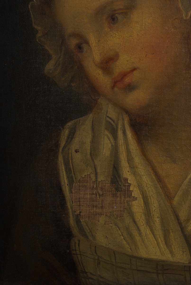 Huile sur toile portrait de jeune fille à la coiffe XIXe cadre doré -photo-4
