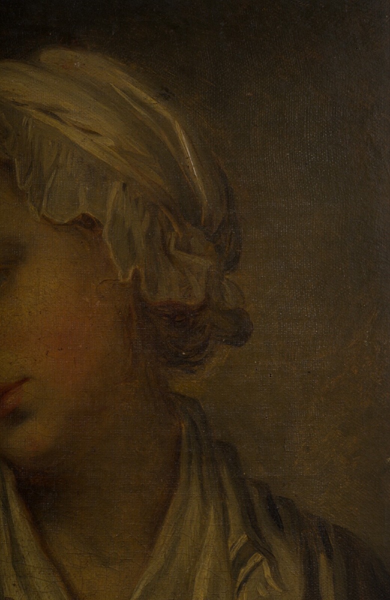 Huile sur toile portrait de jeune fille à la coiffe XIXe cadre doré -photo-2