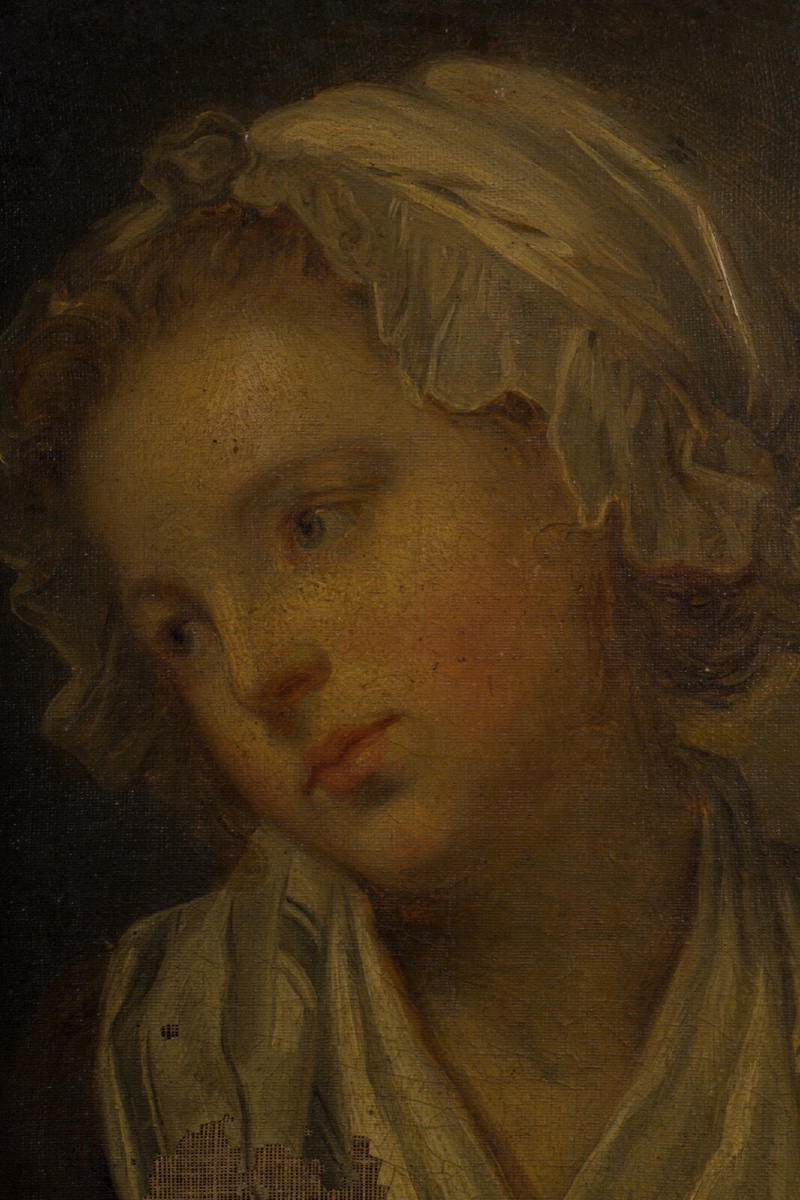 Huile sur toile portrait de jeune fille à la coiffe XIXe cadre doré -photo-4