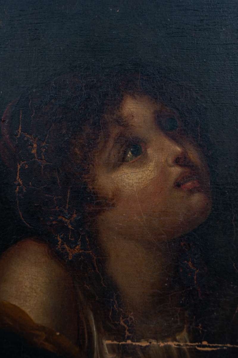 Portrait jeune enfant en béatitude XVIIIe sur panneau de bois 