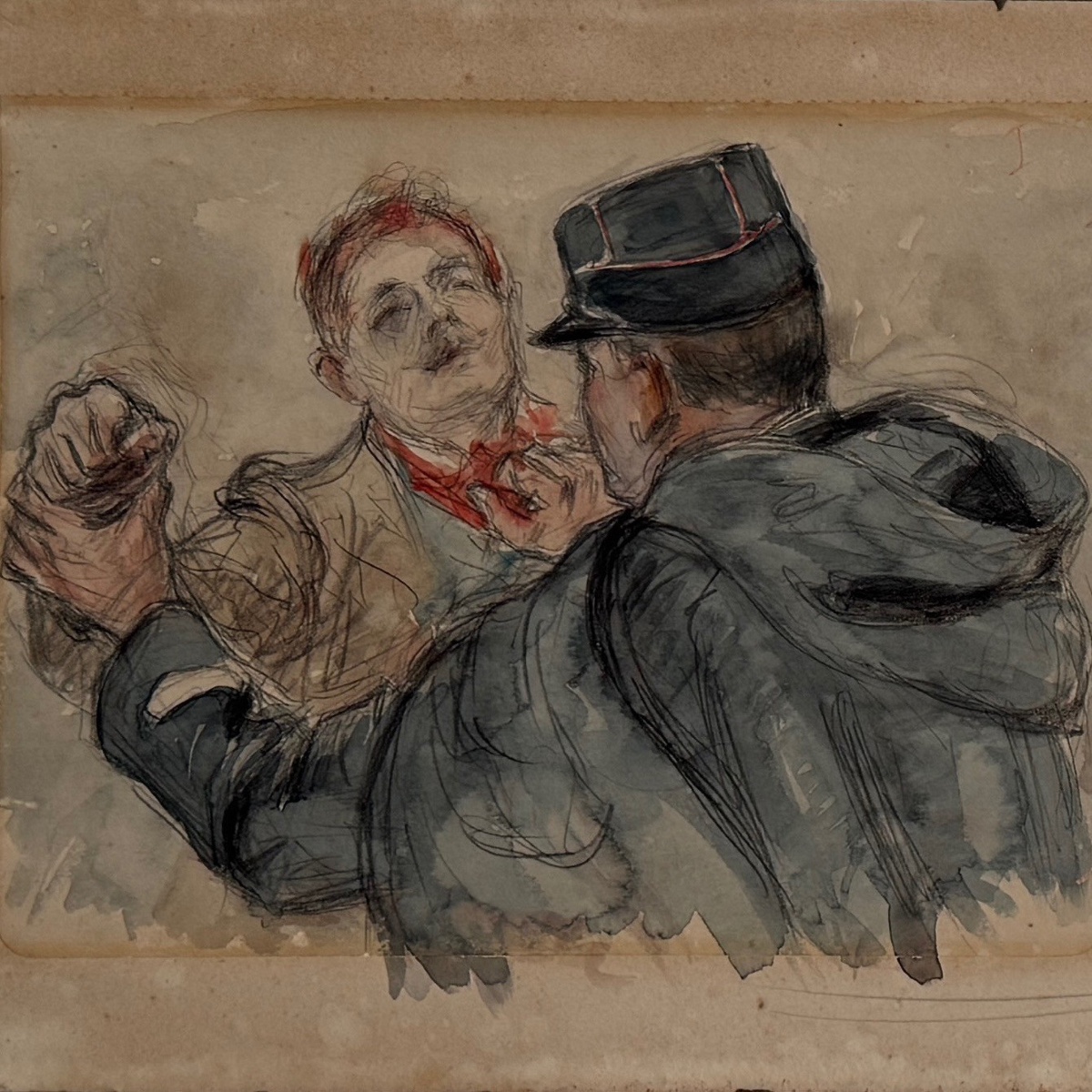 Dessin représentant deux gendarmes en action arrestation début XXe 