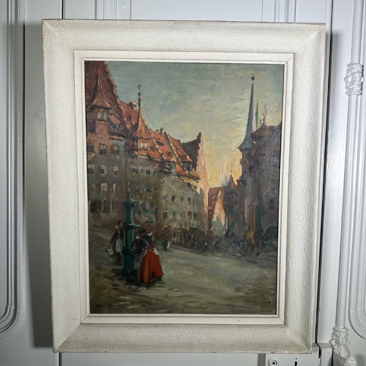 Huile sur toile représentant des femmes à la fontaine par Louis Dumoulin 