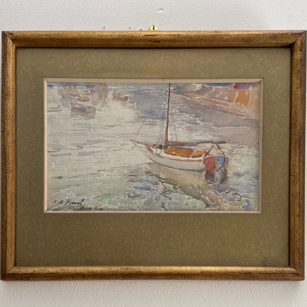 Aquarelle sur papier par Elie Anatole Pavil Arcachon 1930 bateau à voile -photo-2