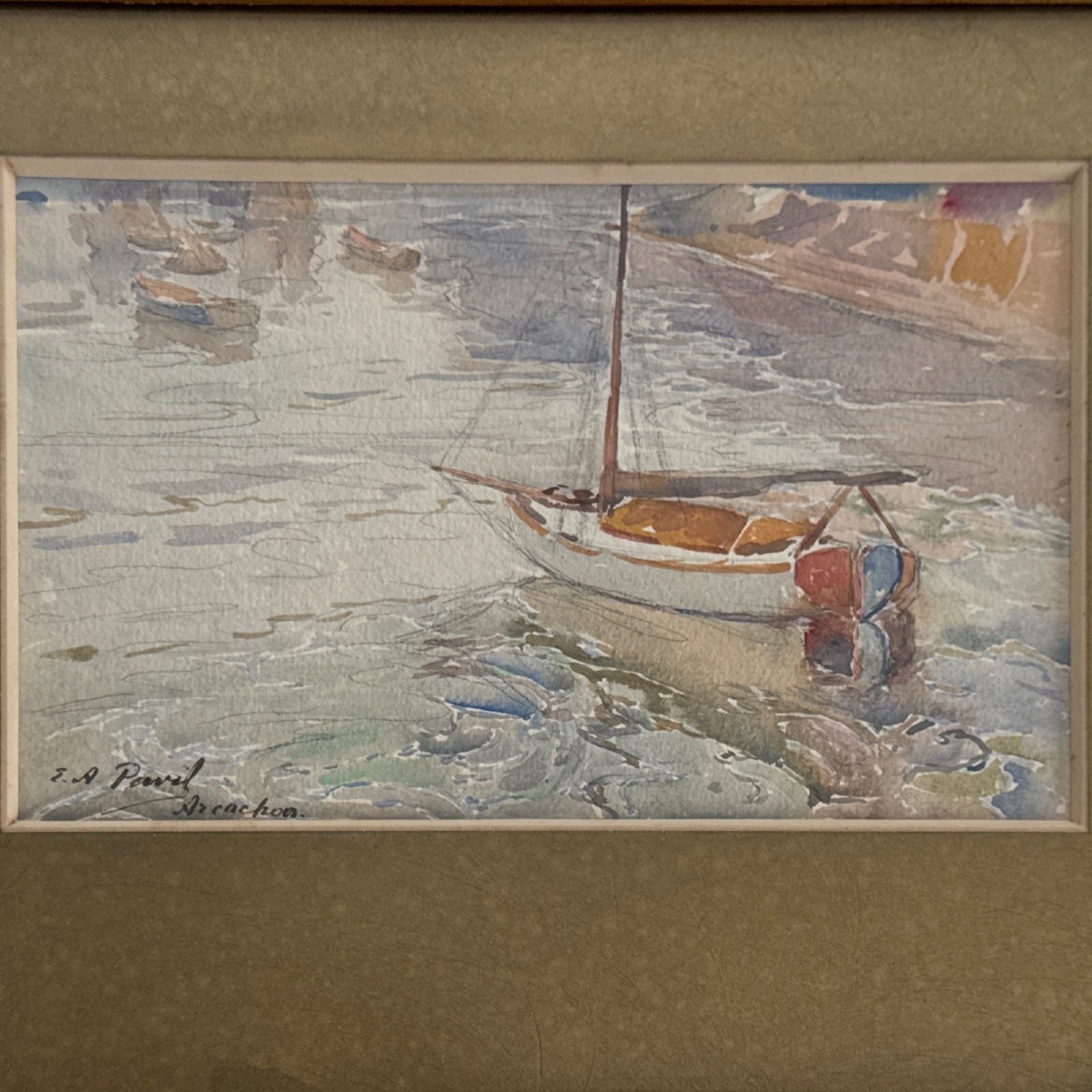 Aquarelle sur papier par Elie Anatole Pavil Arcachon 1930 bateau à voile -photo-3