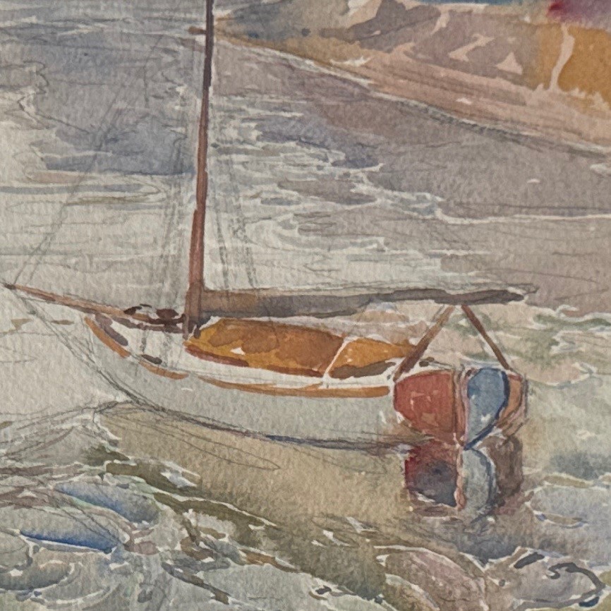 Aquarelle sur papier par Elie Anatole Pavil Arcachon 1930 bateau à voile -photo-4