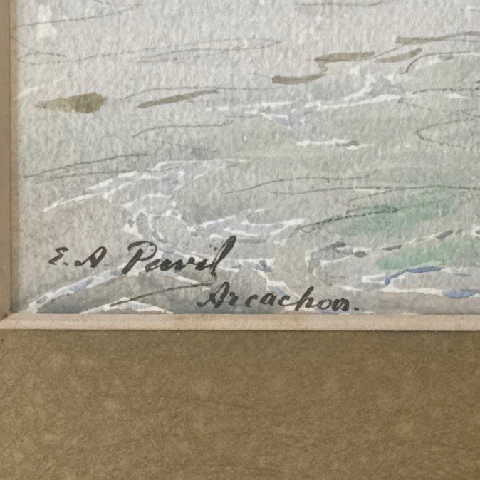 Aquarelle sur papier par Elie Anatole Pavil Arcachon 1930 bateau à voile -photo-4