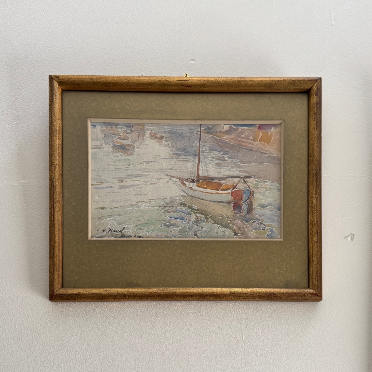Aquarelle sur papier par Elie Anatole Pavil Arcachon 1930 bateau à voile 