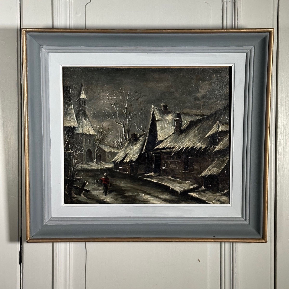 Huile sur toile rue de village la nuit sous la neige XXe-photo-2