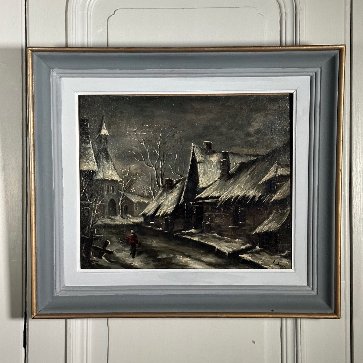 Huile sur toile rue de village la nuit sous la neige XXe-photo-3
