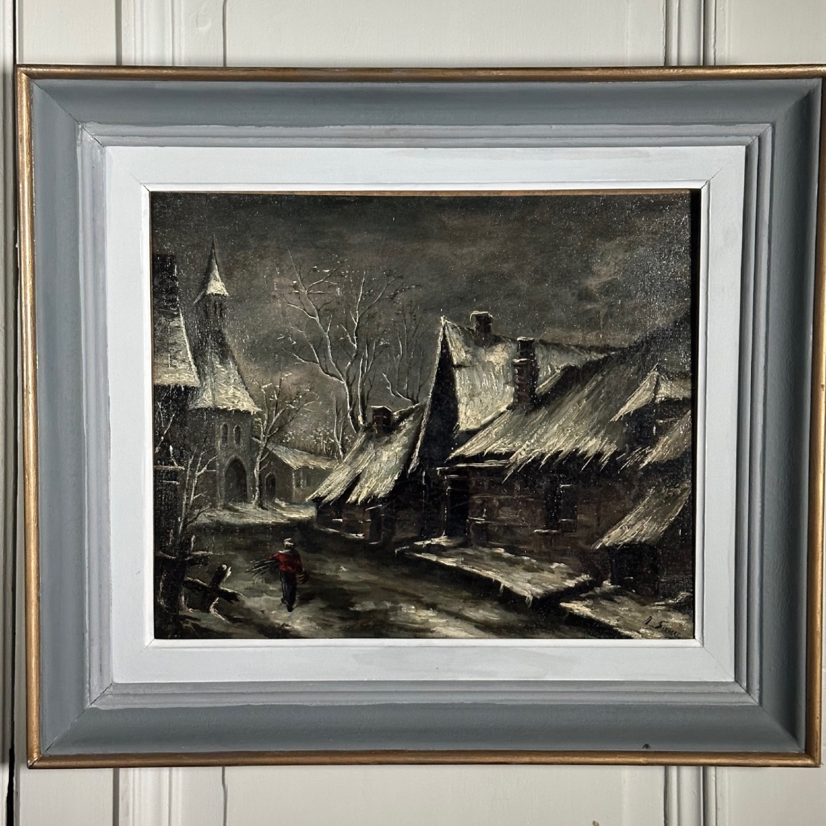 Huile sur toile rue de village la nuit sous la neige XXe-photo-4