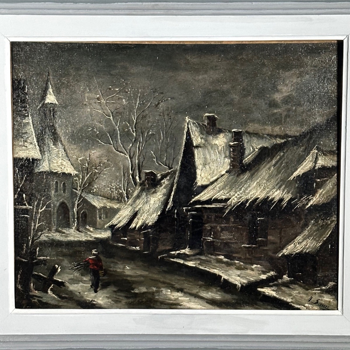 Huile sur toile rue de village la nuit sous la neige XXe-photo-1
