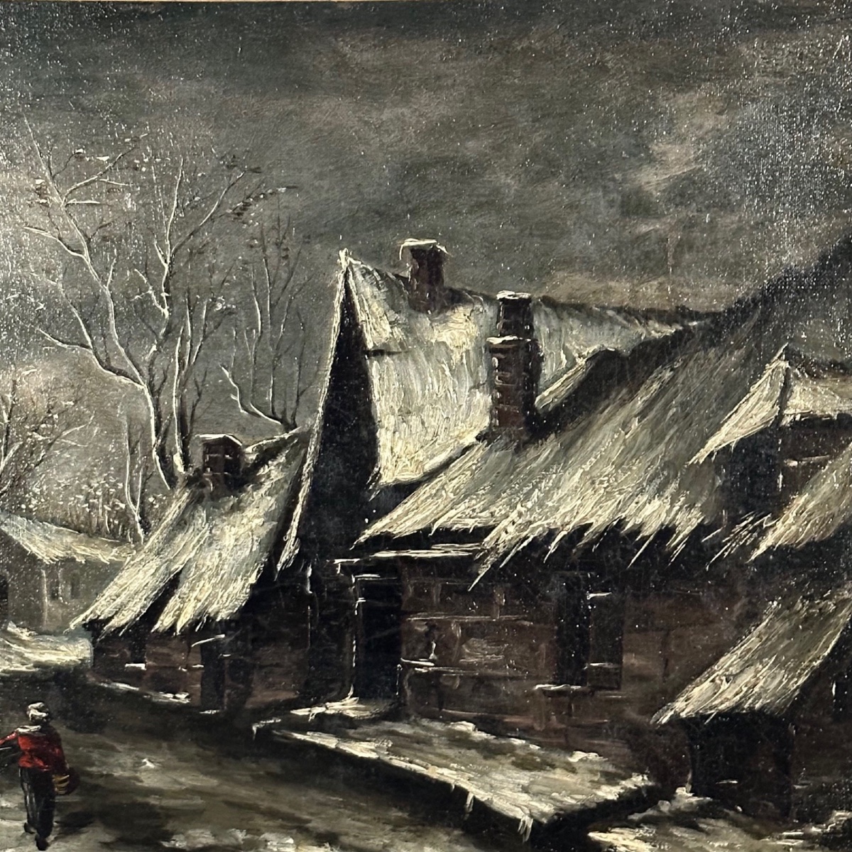 Huile sur toile rue de village la nuit sous la neige XXe-photo-2