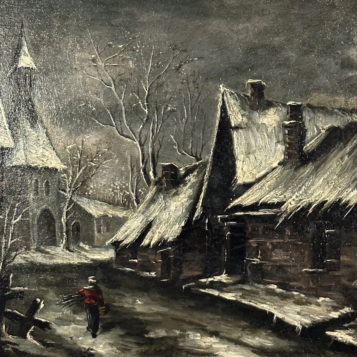 Huile sur toile rue de village la nuit sous la neige XXe-photo-3