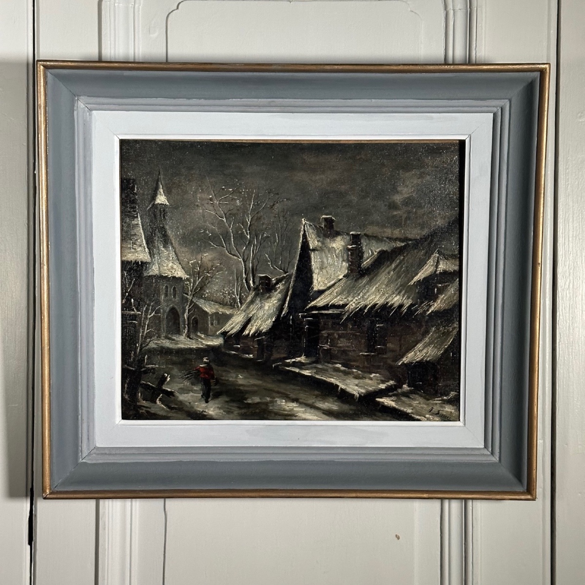 Huile sur toile rue de village la nuit sous la neige XXe