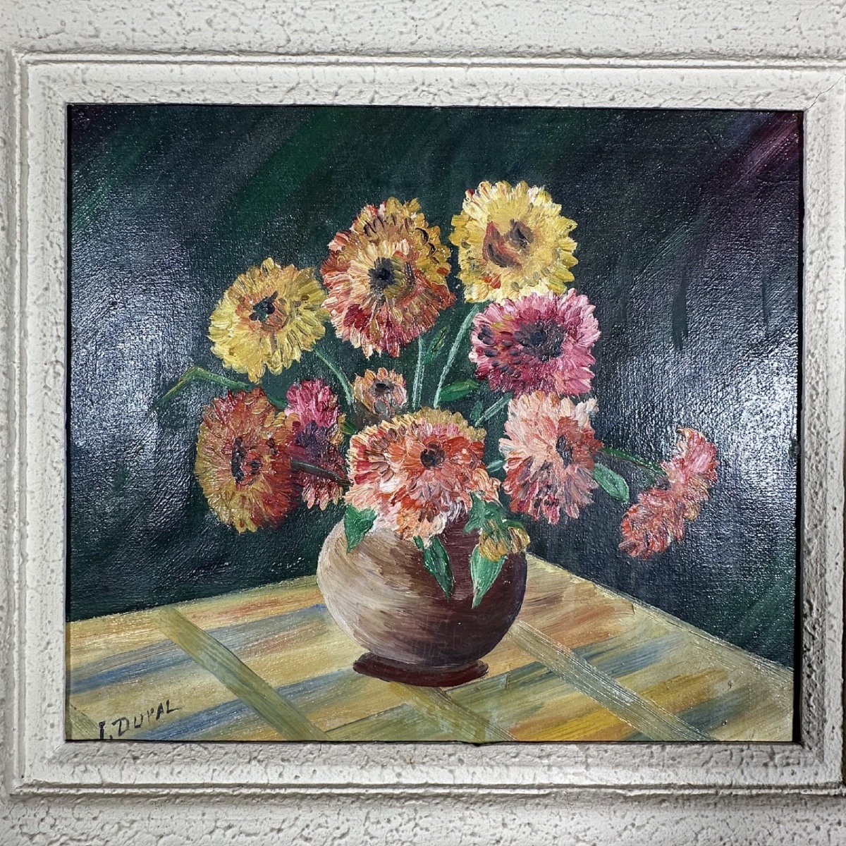 Huile sur toile nature morte bouquet de fleurs XXe par L. Dupal-photo-3