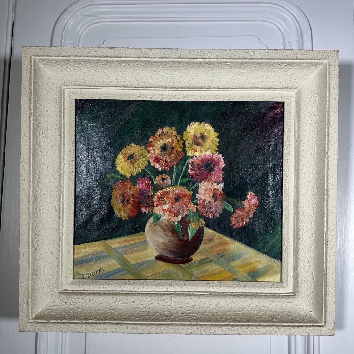 Huile sur toile nature morte bouquet de fleurs XXe par L. Dupal