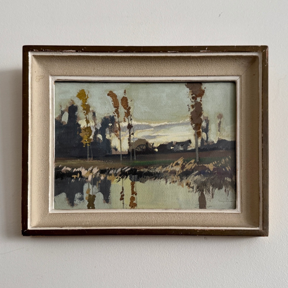 Aquarelle sur papier par Lucien Péri plan d'eau et arbres élancés -photo-2