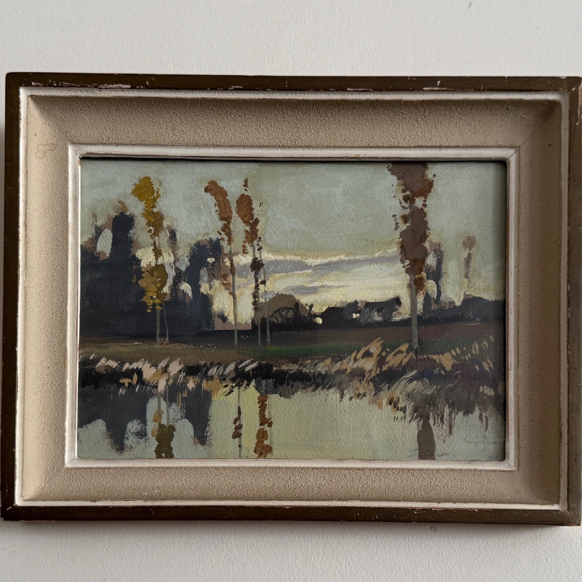 Aquarelle sur papier par Lucien Péri plan d'eau et arbres élancés -photo-3
