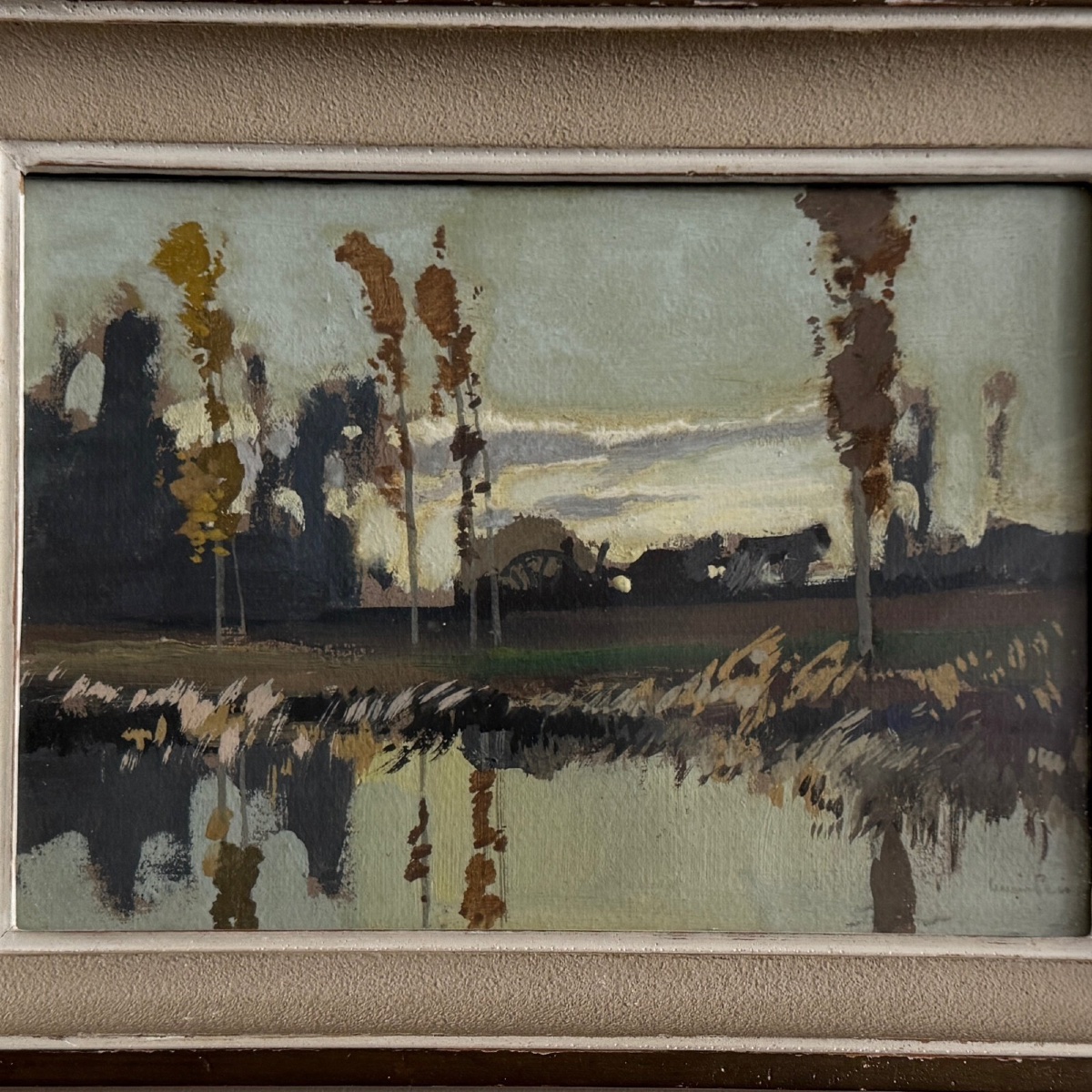 Aquarelle sur papier par Lucien Péri plan d'eau et arbres élancés -photo-4