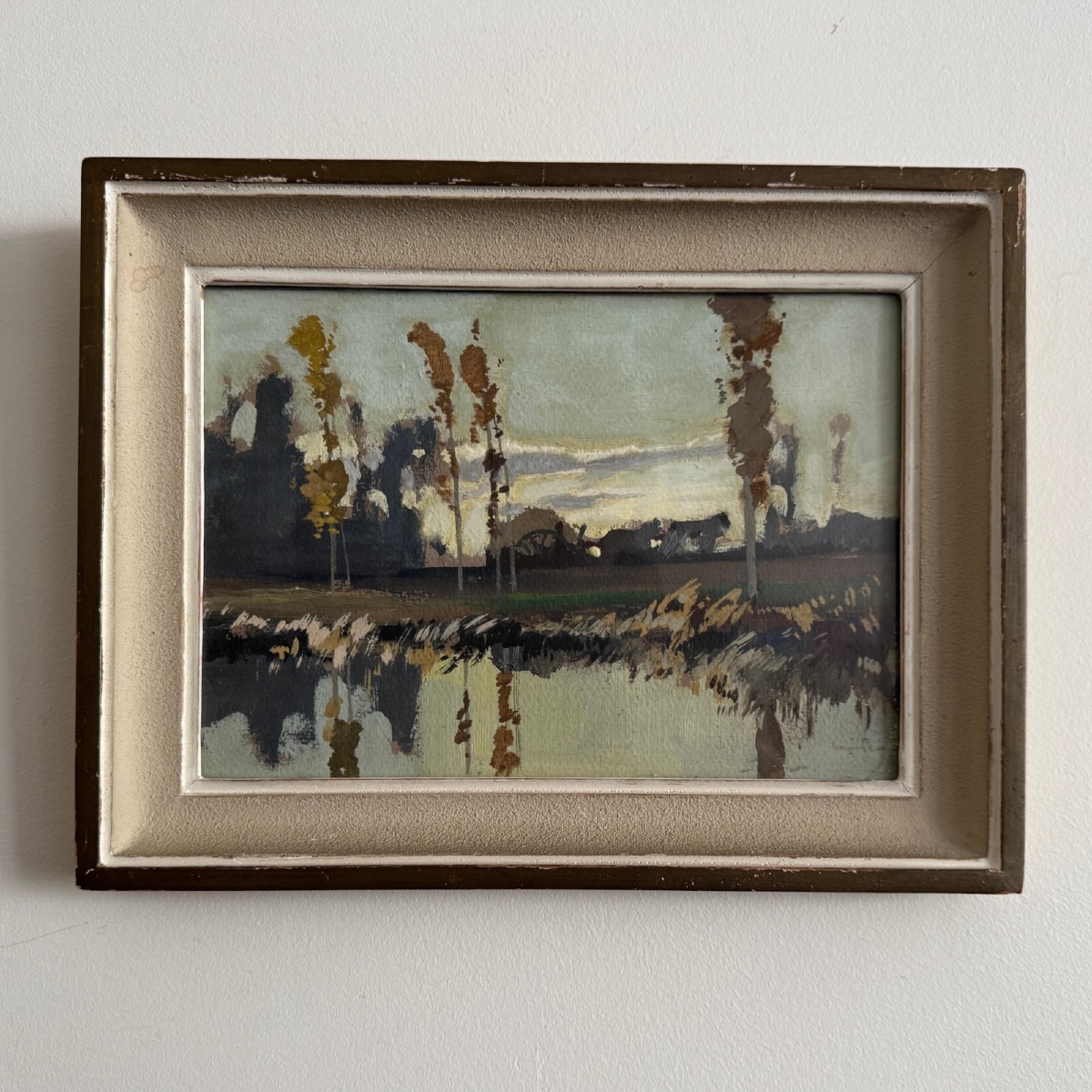 Aquarelle sur papier par Lucien Péri plan d'eau et arbres élancés 