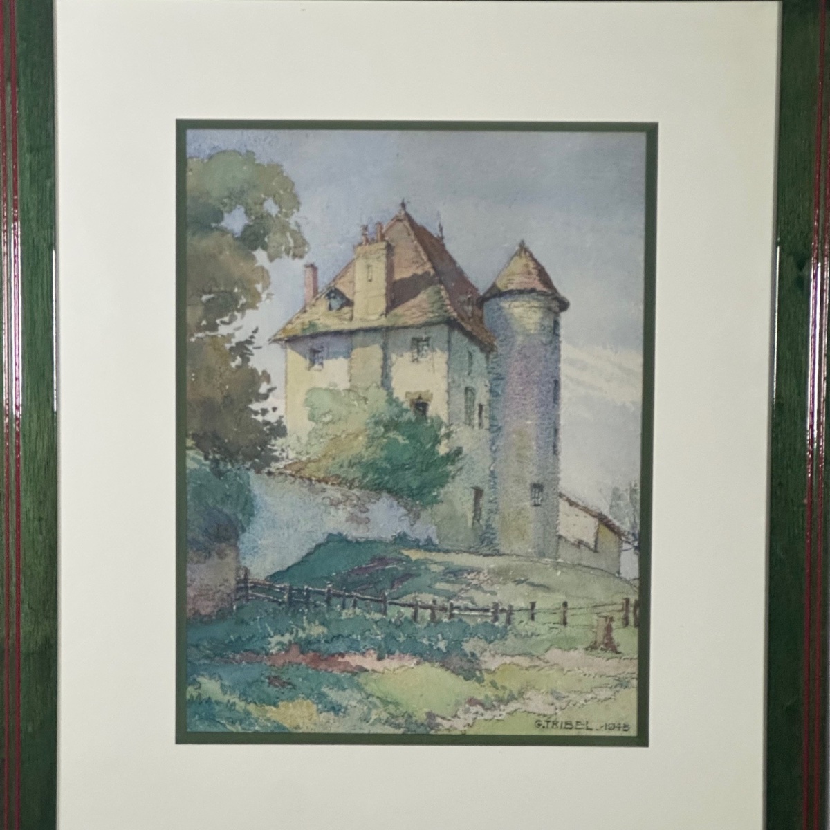 Aquarelle sur papier représentant une propriété par G. Tribel 1943-photo-2