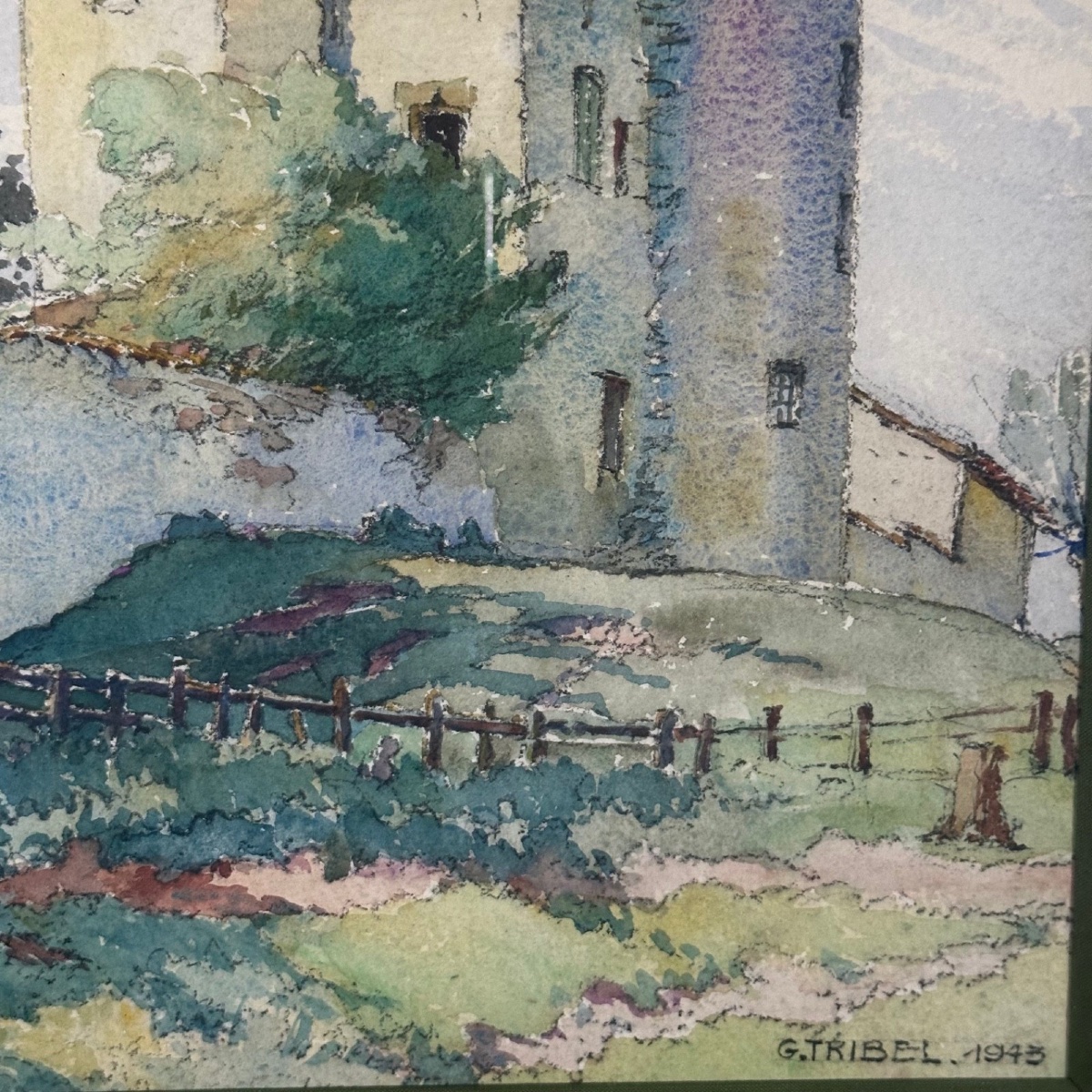 Aquarelle sur papier représentant une propriété par G. Tribel 1943-photo-2