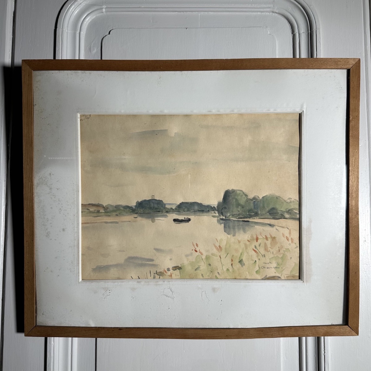 Aquarelle sur papier paysage bord de Loire 1957 par Marcel Chesneau-photo-2