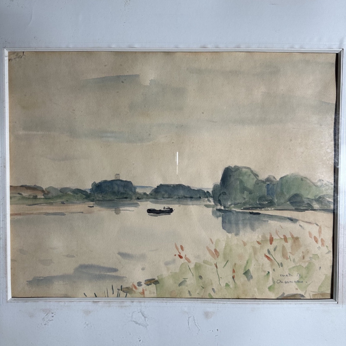 Aquarelle sur papier paysage bord de Loire 1957 par Marcel Chesneau