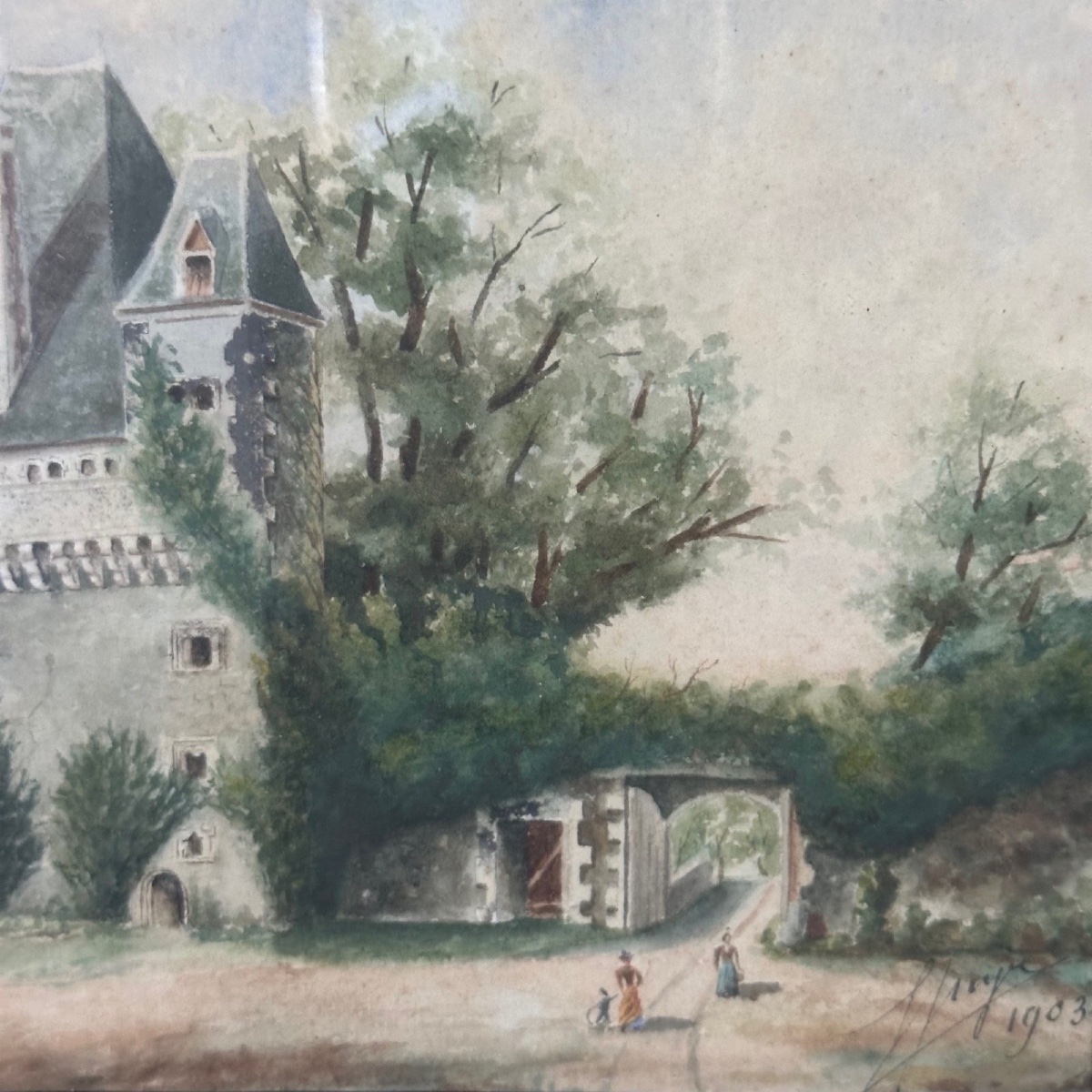 Early Twentieth Century Watercolour Entrance To The Château De Haute-goulaine 1903-photo-3