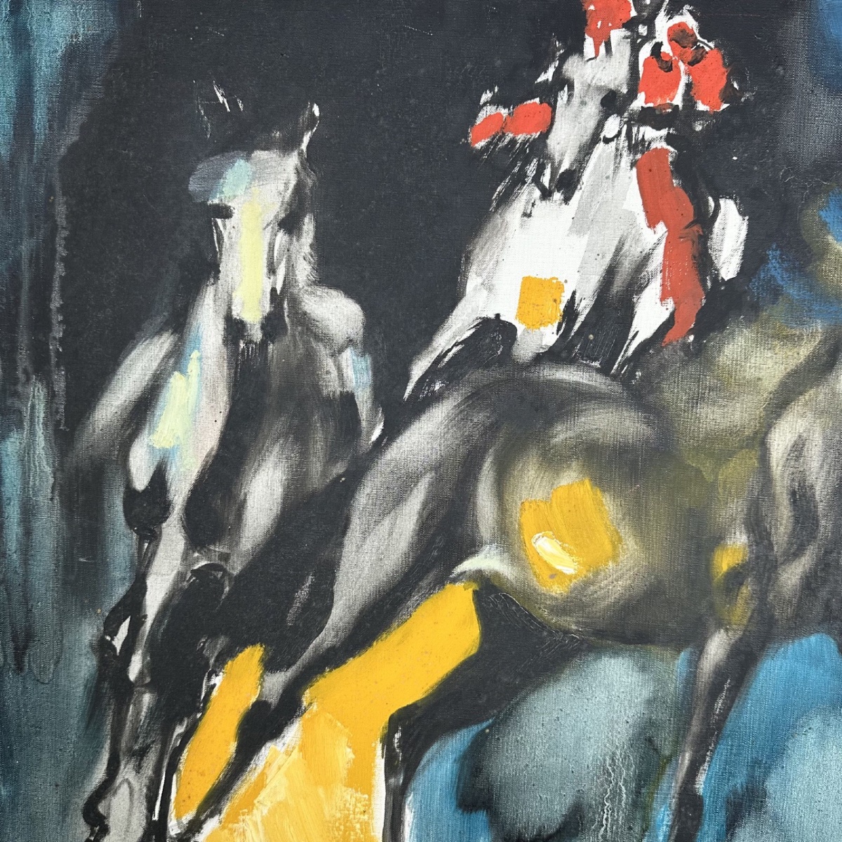 Huile sur toile par Henri Yvergniaux représentant des chevaux 1973 -photo-3