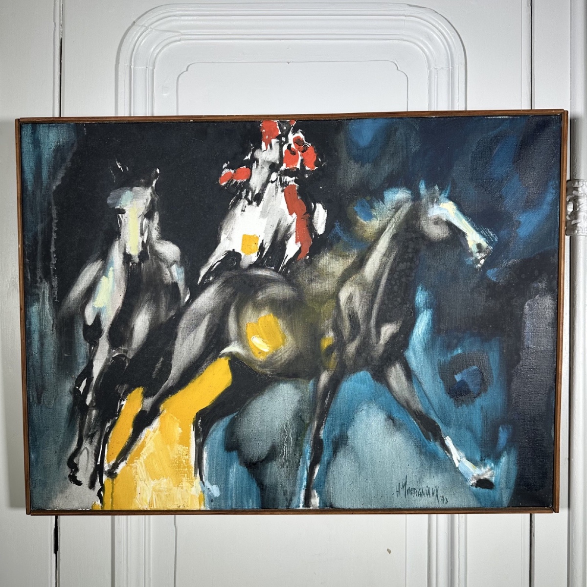 Huile sur toile par Henri Yvergniaux représentant des chevaux 1973 
