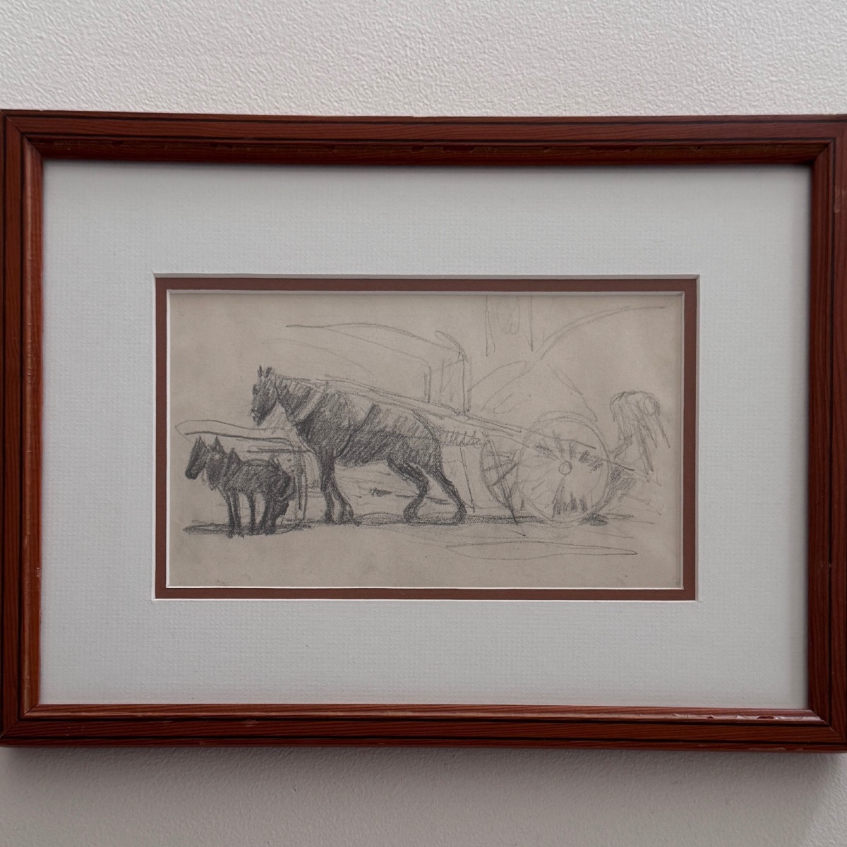 Dessin esquisse représentant un attelage avec des chevaux de trait XXe-photo-2