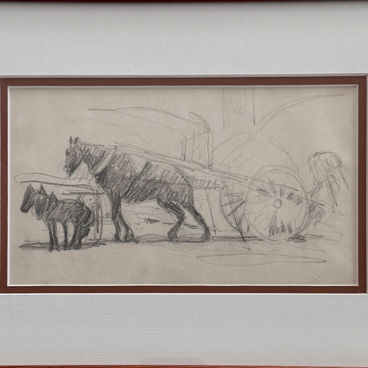 Dessin esquisse représentant un attelage avec des chevaux de trait XXe-photo-3