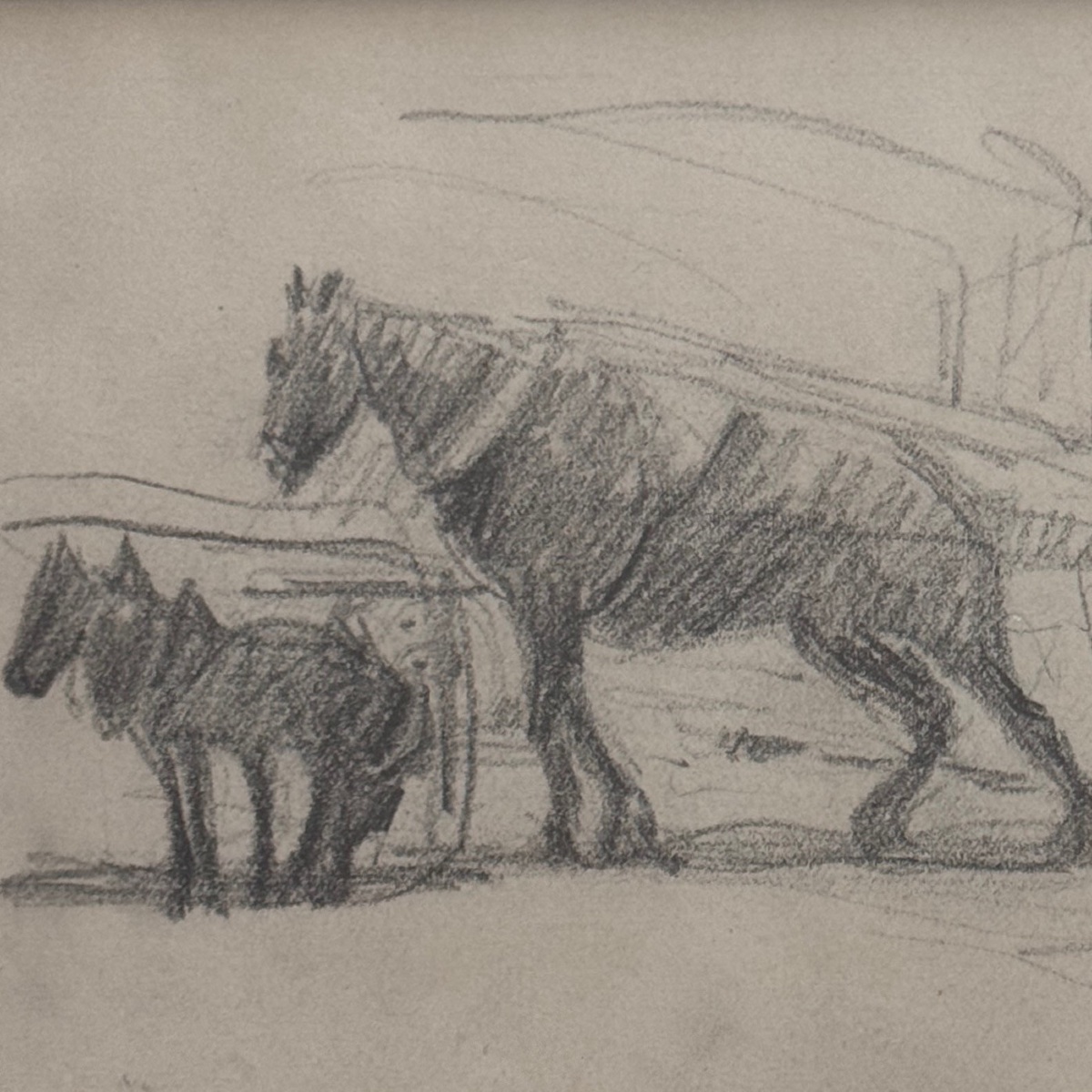 Dessin esquisse représentant un attelage avec des chevaux de trait XXe-photo-4