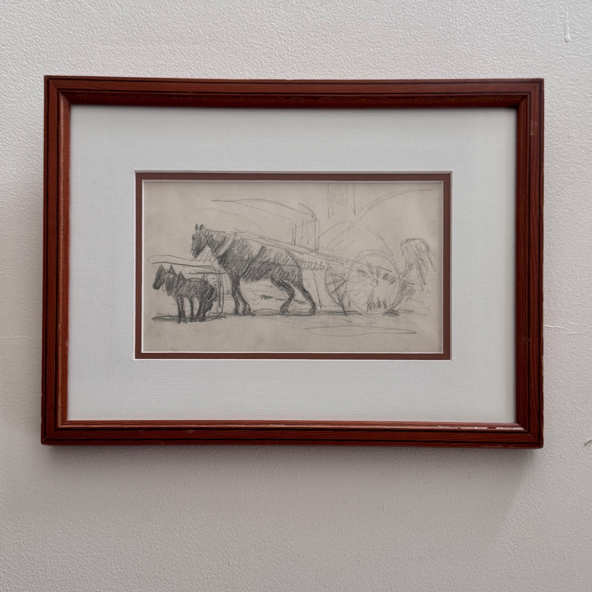 Dessin esquisse représentant un attelage avec des chevaux de trait XXe
